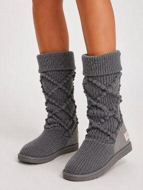 UGG Argyle Cable Knit Sock Boots Gray Charcoal Ankle Booties 6